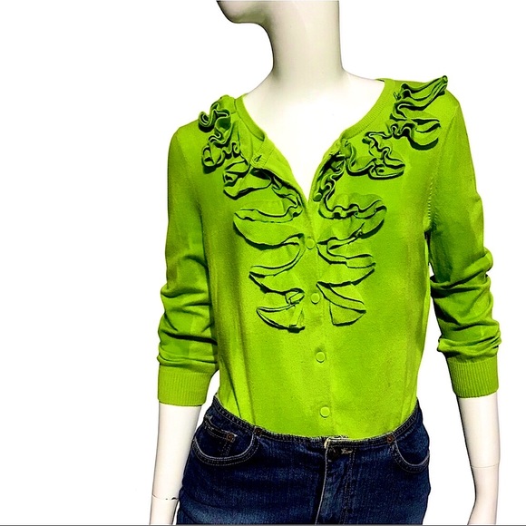 Lime Green Button Down Cardigan with Exaggerated Ruffles - Picture 5 of 5